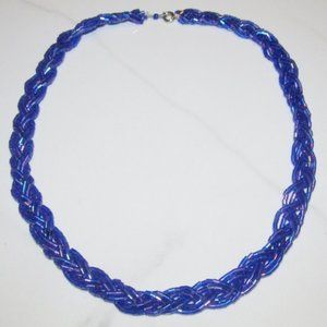 Royal Blue Iridescent Glass Braided Beaded Necklace handmade in Ukraine